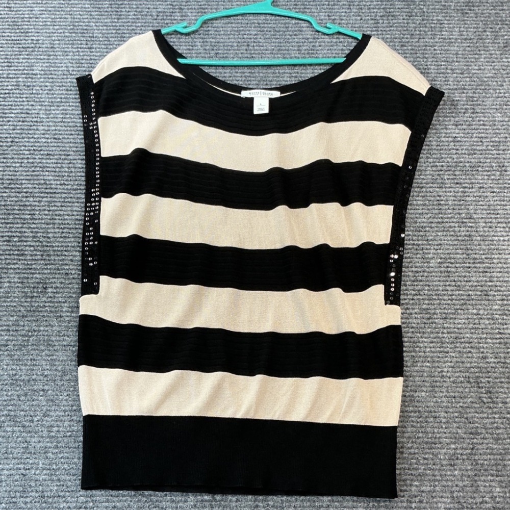 White House Black Market Striped Sequin Top Women Large Black Cream PreLoved